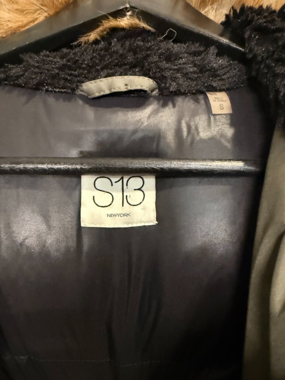 S13 New York Olive Green Down & Feather Lined Parka Coat Faux Fur Hood Size S - Picture 2 of 8